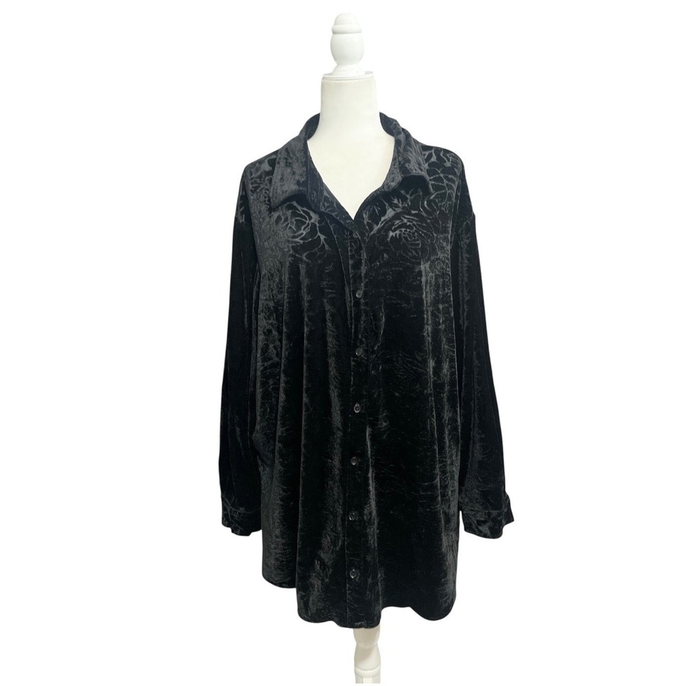 Just My Size JMS Burnout Velvet Floral Rose Button Up Shirt Black 4X 26W 28W